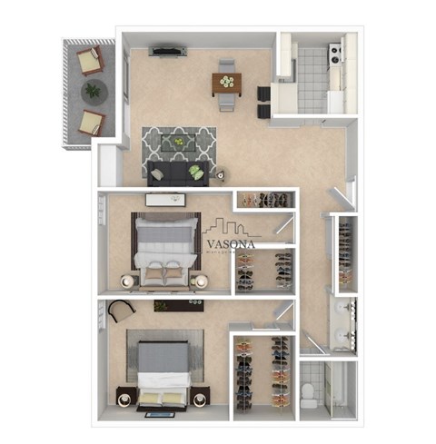 A floor plan of a Vasona apartment with a living room, kitchen, and two bedrooms.